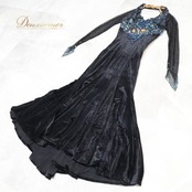 社交ダンス 衣装 ワンピース ドレス ベロア 黒 高級感 デモ 競技 パーティ 発表会 緑 青 クロッチ ブラック系 エレガント フォーマル 競技会 女性用 大人用 おしゃれ 上品 ストレッチ パーティードレス クラシック