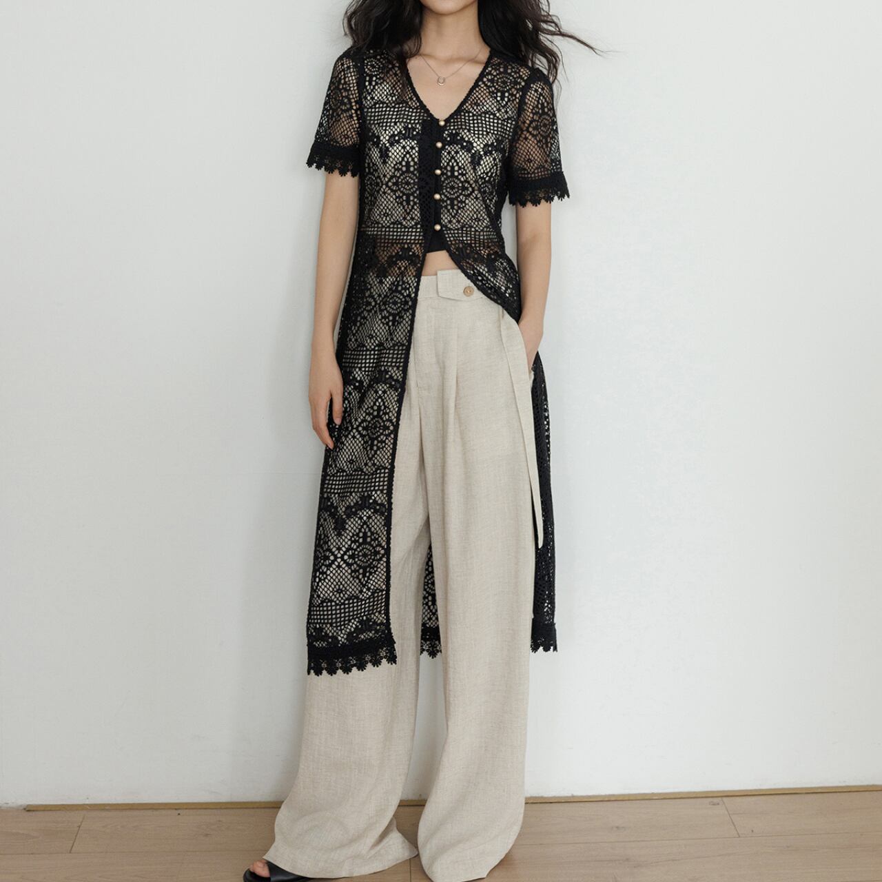 front button crochet lace dress L0325