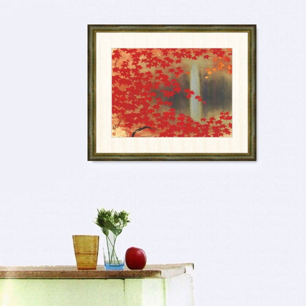 □ 川端龍子『滝に紅葉（F8号）』高精彩工芸画(手彩補色) 複製画 新品