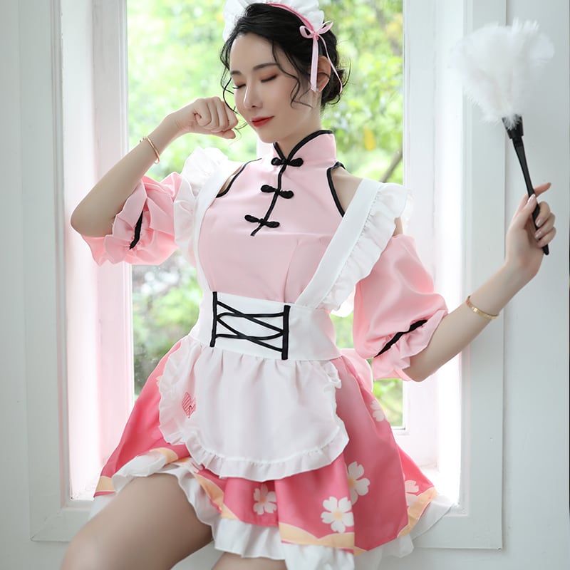 メイド服 セクシー チャイナドレス レディース 綺麗め 可愛い ハロウィン 仮装 おすすめ ピンク S M L Xl Dresszone