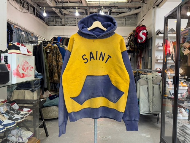 SAINT MICHAEL FELT LOGO 2TONE SWEAT HOODIE MUSTARD/NAVY LARGE SM-A21-0000-035 81258