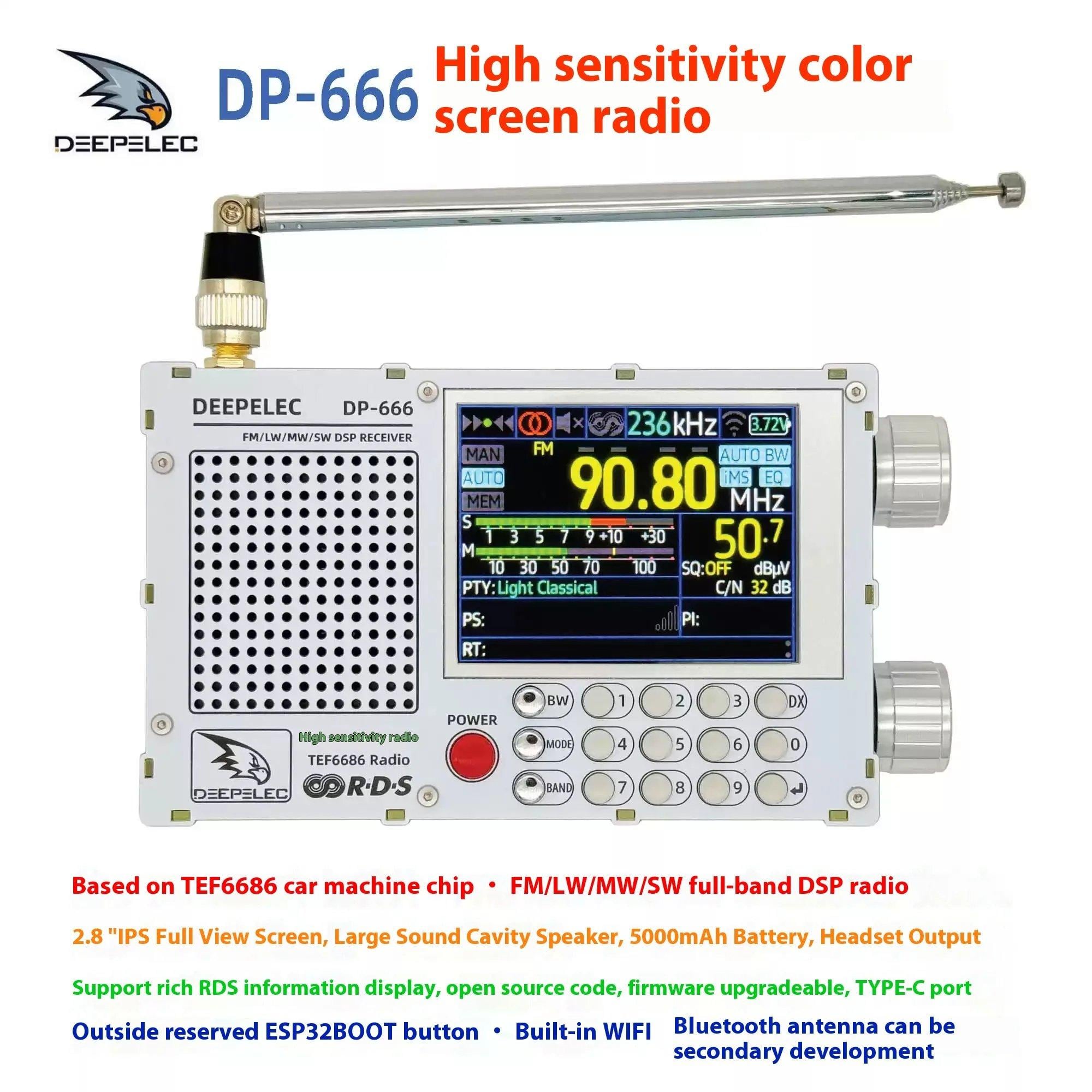 DP 666 TEF6686 ラジオ 高感度 フルバンド FM AM LW MW SW 短波 ESP32