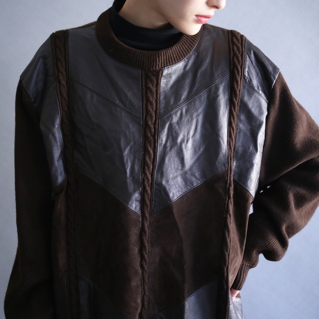 real leather switching and 3D cable knit design loose silhouette sweater