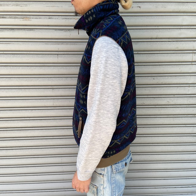 90s Columbia リバーシブルフリースベスト 総柄 ベージュ S
