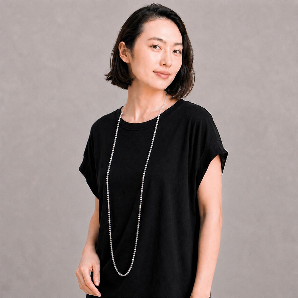 120cm グレーブルー 淡水バロックパール ロングネックレス / 約6.0mm 1連・2連で楽しめる120cm ステンレス製マンテル留具 / pe-206