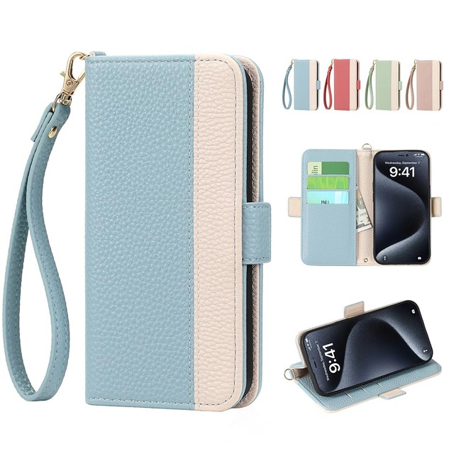 Kahper For AQUOS sense3 ケース 手帳型 ストラップ付き バイカラー アクオス センス3 liteケース 手帳型 おしゃれ スマホケース sense3 basic 財布型 Android One S7 かわいい SH-M12 シンプル SH-02M 耐衝撃 SH-RM12 カード収納 スタンド機能 マグネット式 360度保護(907SH/SHV48/SHV45)ブルー