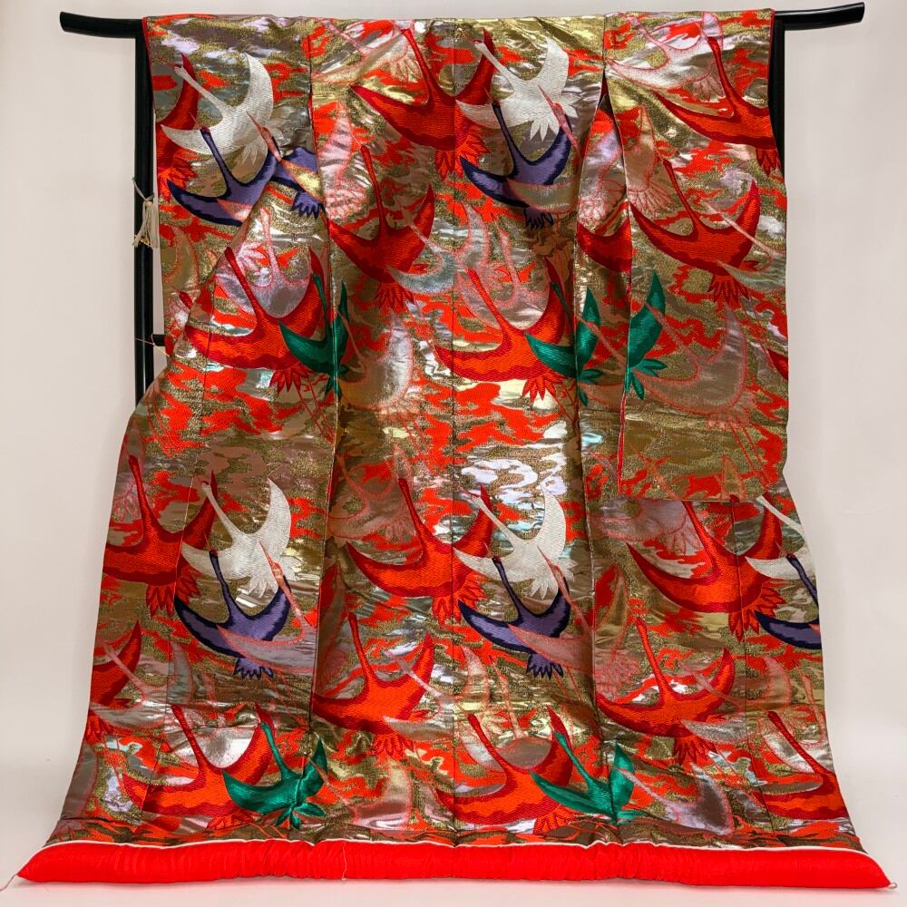 色打掛 正絹 鶴 刺繍 オレンジ 赤 打掛 花嫁衣裳 ポリエステル リサイクル 中古 ブライダル ウエディング 着物 6085
