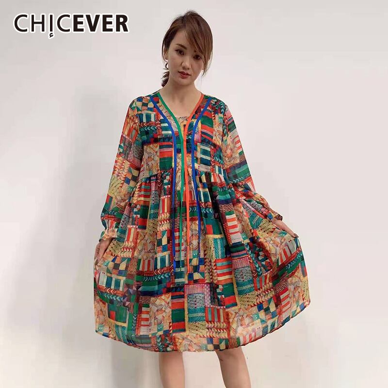 CHICEVERボヘミアンスタイルのドレス女性Vネック長袖ウエスト幾何学模様ヒットカラールーズAラインドレス2021 ロング 6base522647510792