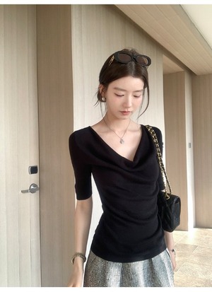 Drape Neck half Sleeve Rib Knit【H00071】