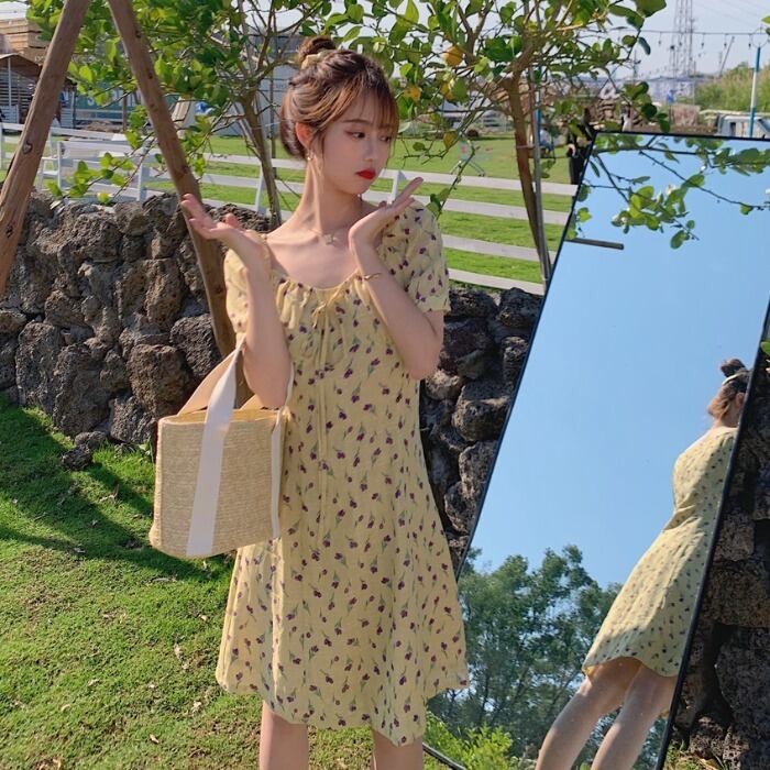 スタンダードカラーフローラルドレス サマーウェストショートスカート レトロ 夏物 花柄 ドラファッションホール22161535640