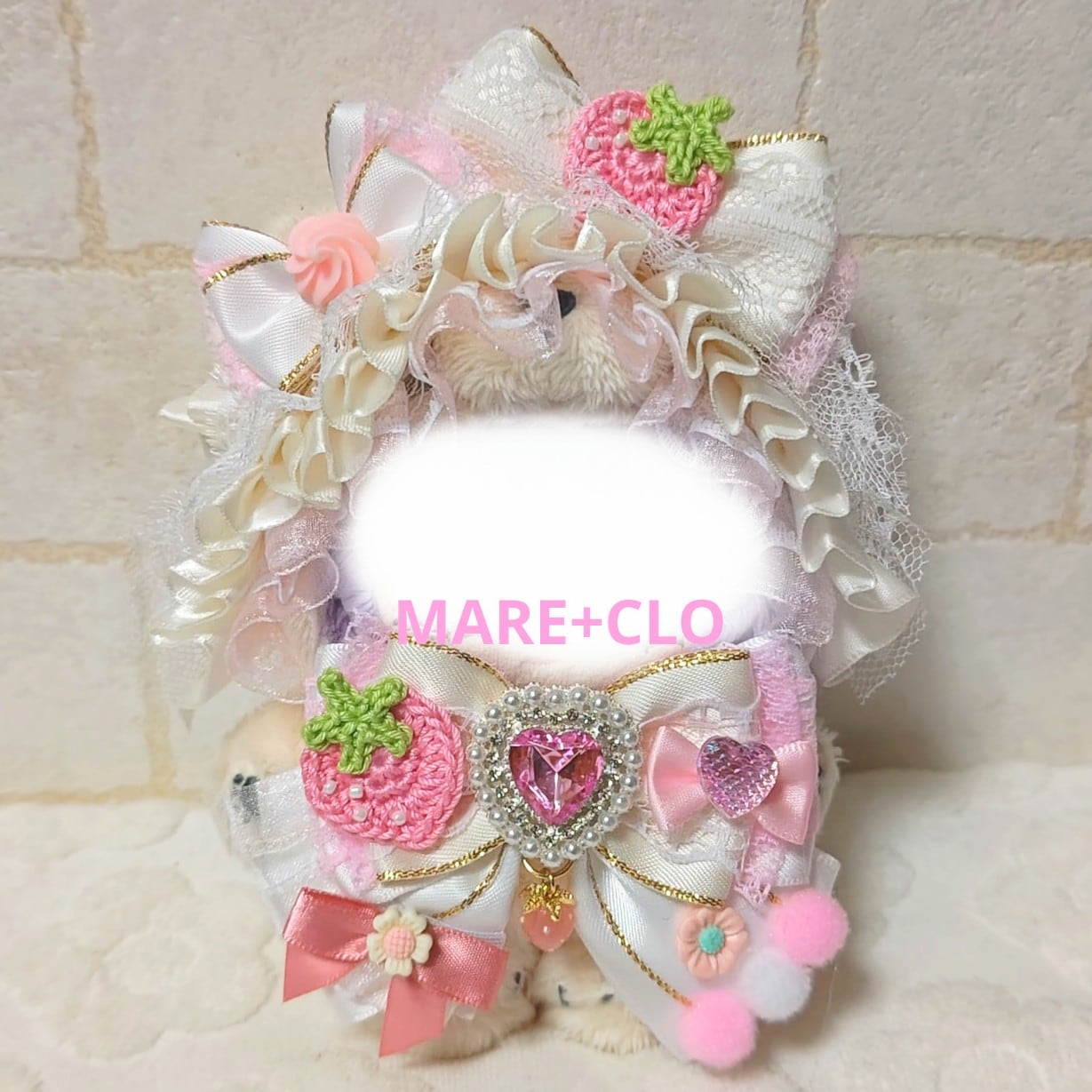 103 ぬい服 いちご ピンク ヘッドドレス リボン 11〜13cm ぬいぐるみ用