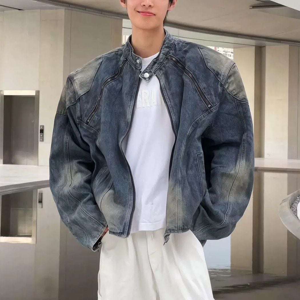 Men】VINTAGE WASHED ZIP-UP DISTRESSED DENIM JACKET S-1973