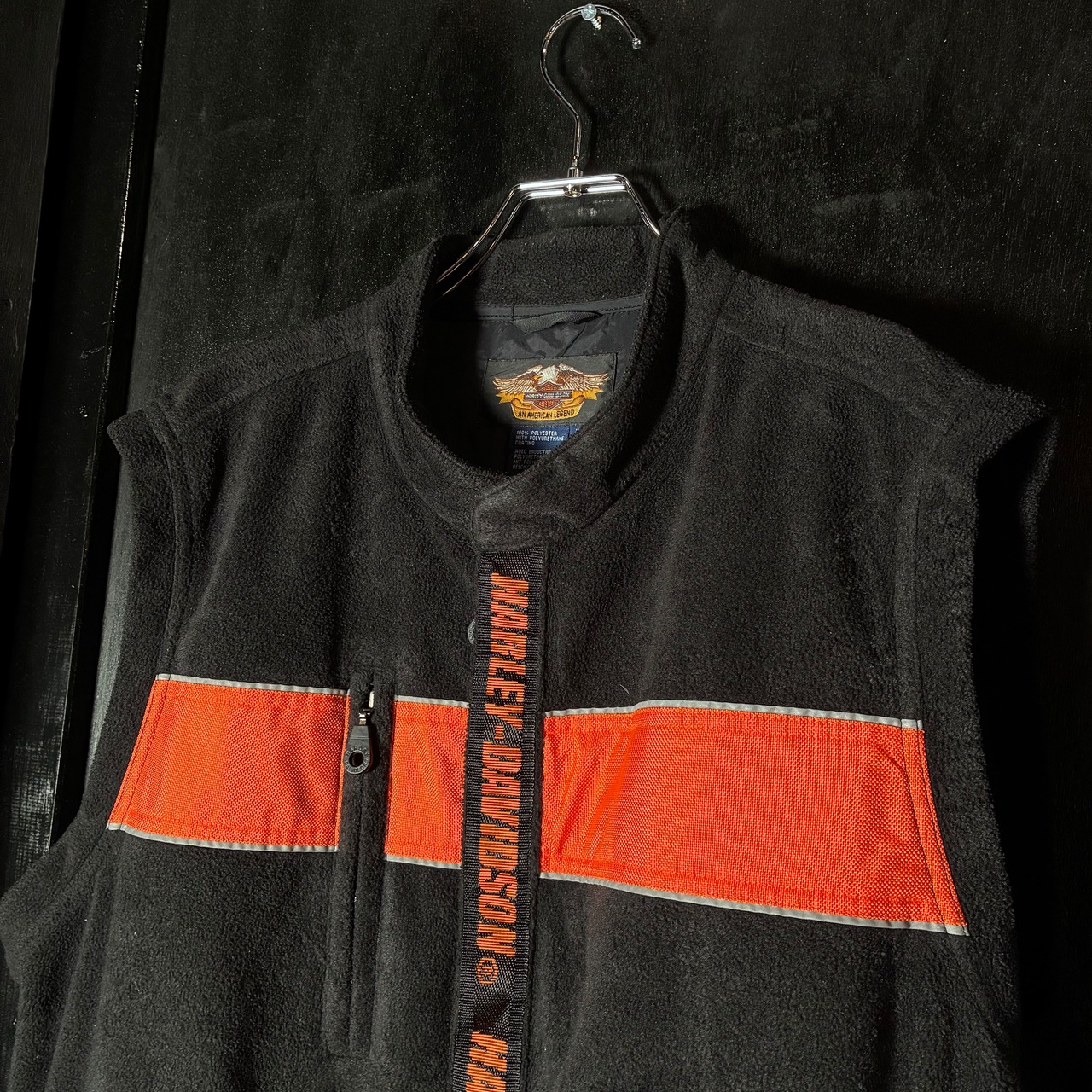 Harley-Davidson フリースベスト　黒×オレンジ　ドローコード　ハーレーダビッドソン