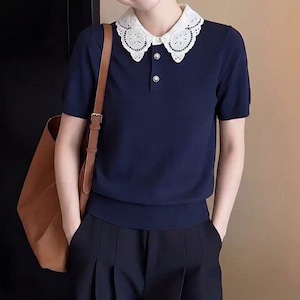 navy lace trim collared short<t3322>