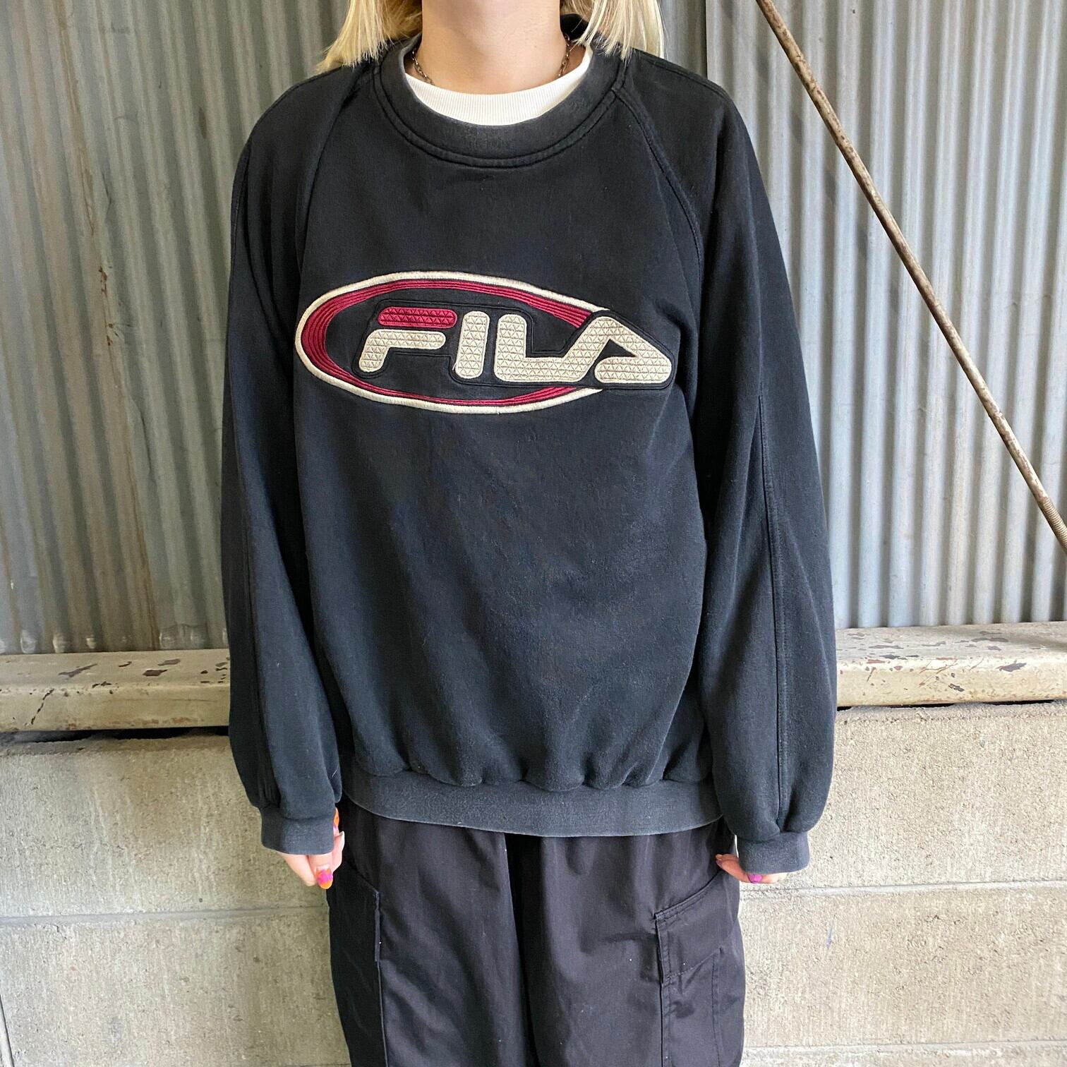 90年代 ポルトガル製 FILA フィラ フロントロゴ刺繍 スウェット メンズL 古着 トレーナー ブラック 黒 90s ヴィンテージ ビンテージ【 スウェット】【SW20】【AN20】 cave 古着屋【公式】古着通販サイト