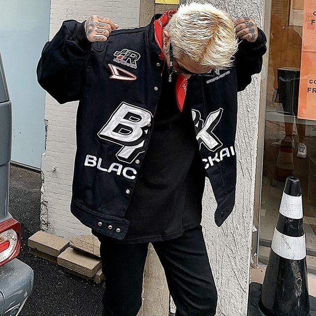 【予約販売】ブルゾン レーシングジャンパー メンズ アウター ジャケット ショート丈 クール ブラック グリーン こなれ感 お洒落 韓国 トレンド 秋 冬 M/L/XL/2XL