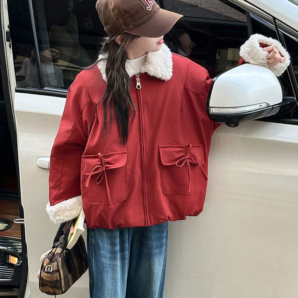 【送料無料】 子供服 女の子 アウター ファーカラー ジャケット 秋冬 韓国 防寒 保温 暖かい 小学生 おしゃれ カジュアル リボンポケット かわいい 大人可愛い 大人女子