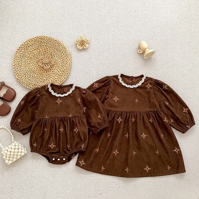 【BABY&KID】秋新作刺繍コーデュロイワンピース ベビー キッズ 姉妹コーデ