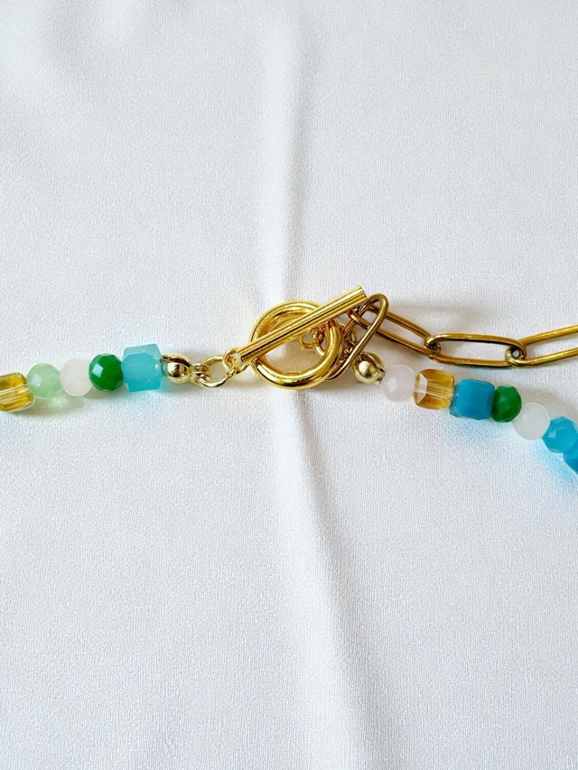 ビーズネックレスA (ブルー系)　【マンテル留め金具タイプ】