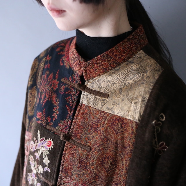 multi fabric switching pattern china motif shirt jacket