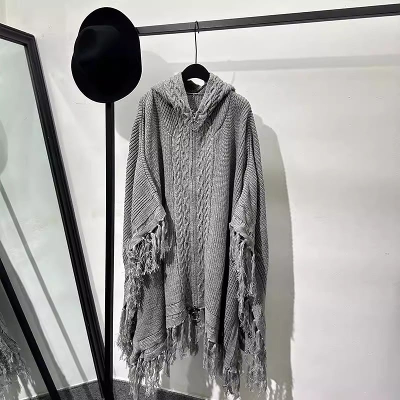 フード付きフリンジケーブルニットポンチョ 1color MOJ0305