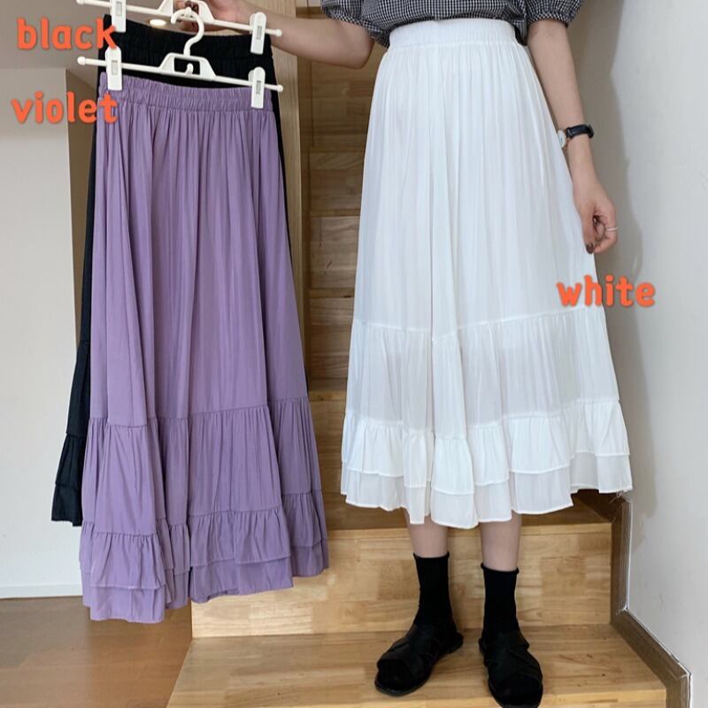 2020年新作サマーウィメンズフリルハイウエストオールマッチAラインスカート無地スリムスカートミドル丈 1号婦人40756283684