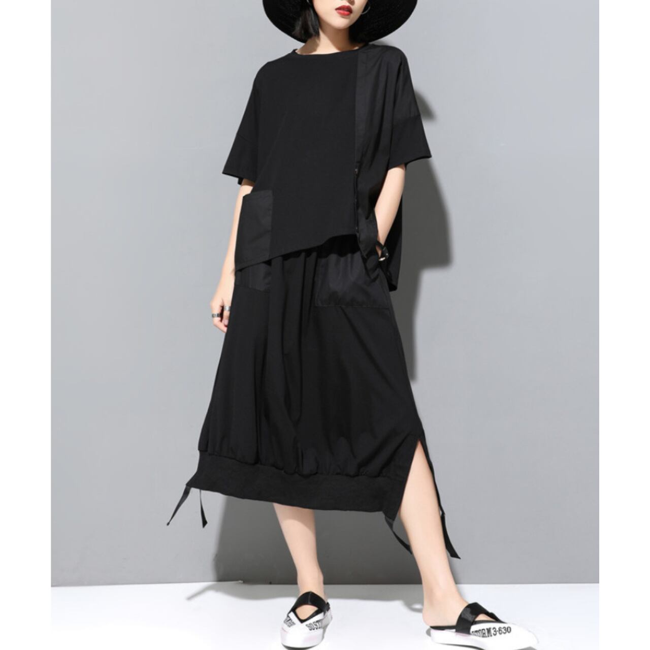 Midi Length Waist Elastic Side Ribbon Slit A-Line Skirt 00195