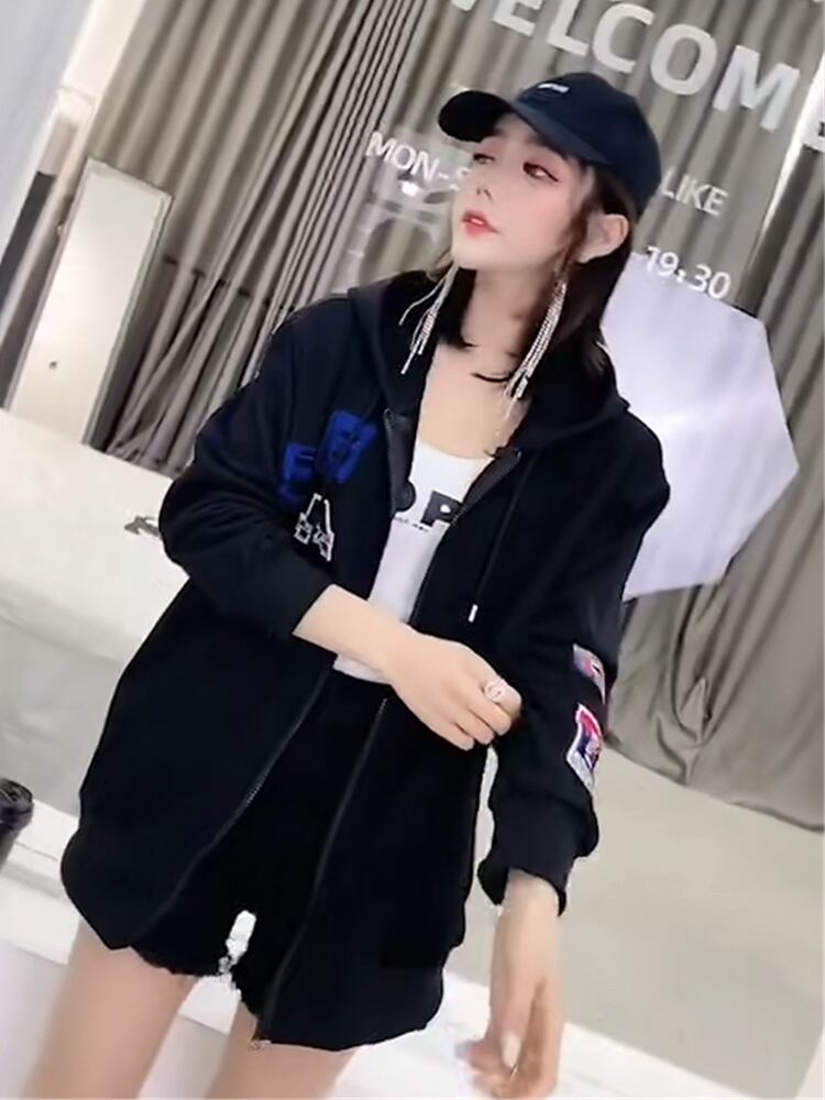 フードジッパージャケット レディーススプリングカジュアルセーター レッド 刺繍 大きめサイズ 春物 ミックスインファッション87666130258