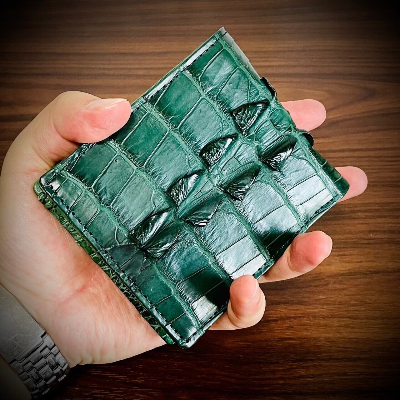 クロコダイル 折財布 二つ折り ワニ革 ハンドメイド 証明書付 ブラック 