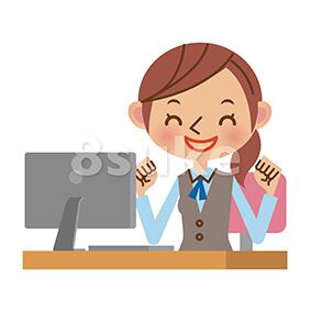 イラスト素材：パソコンの前でガッツポーズするOL・事務職の女性（ベクター・JPG）
