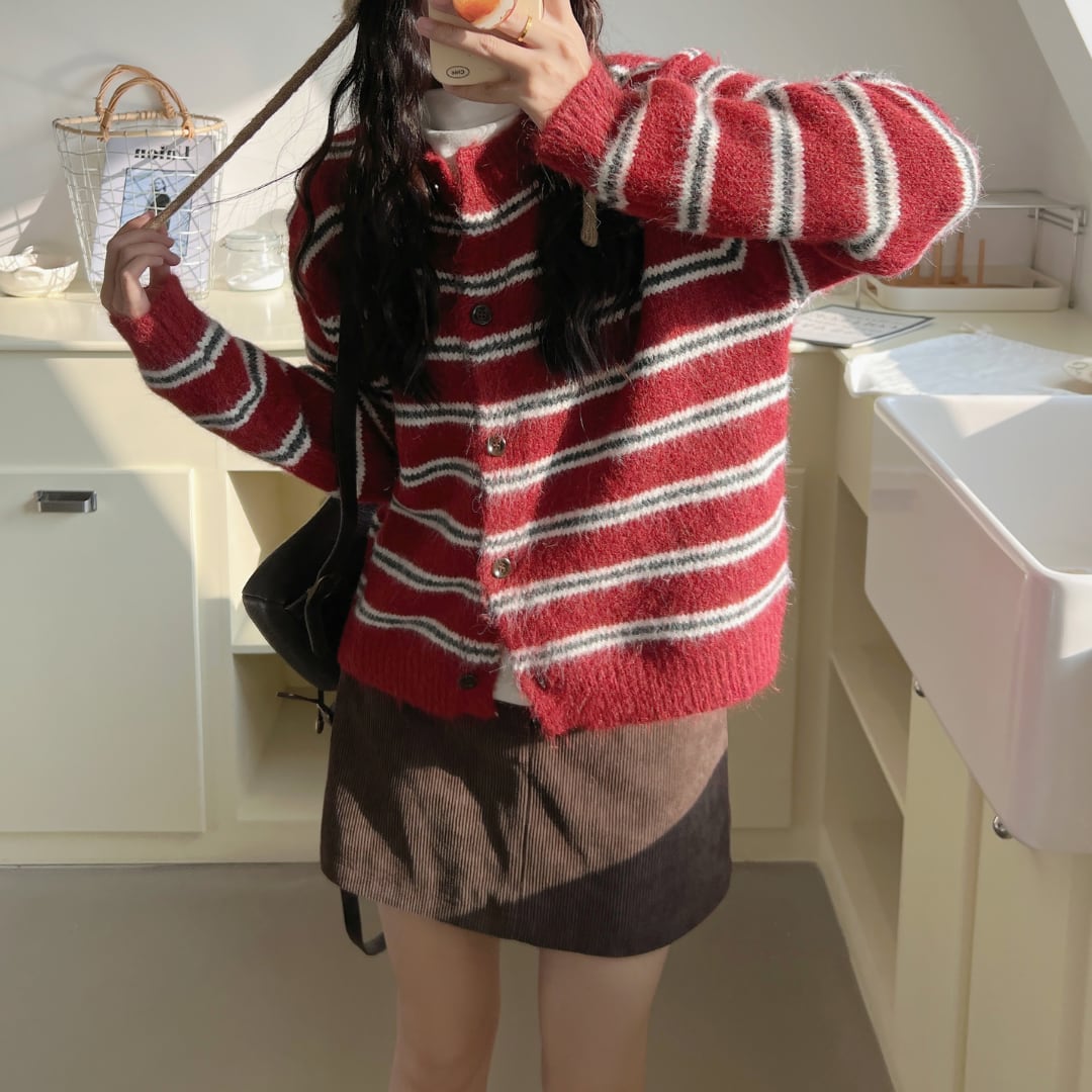striped fluffy knit cardigan