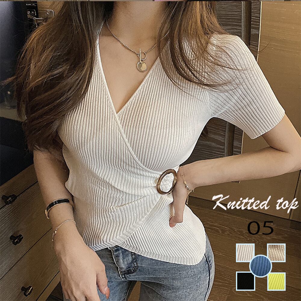 リブ編みニットトップス Vネック 半袖