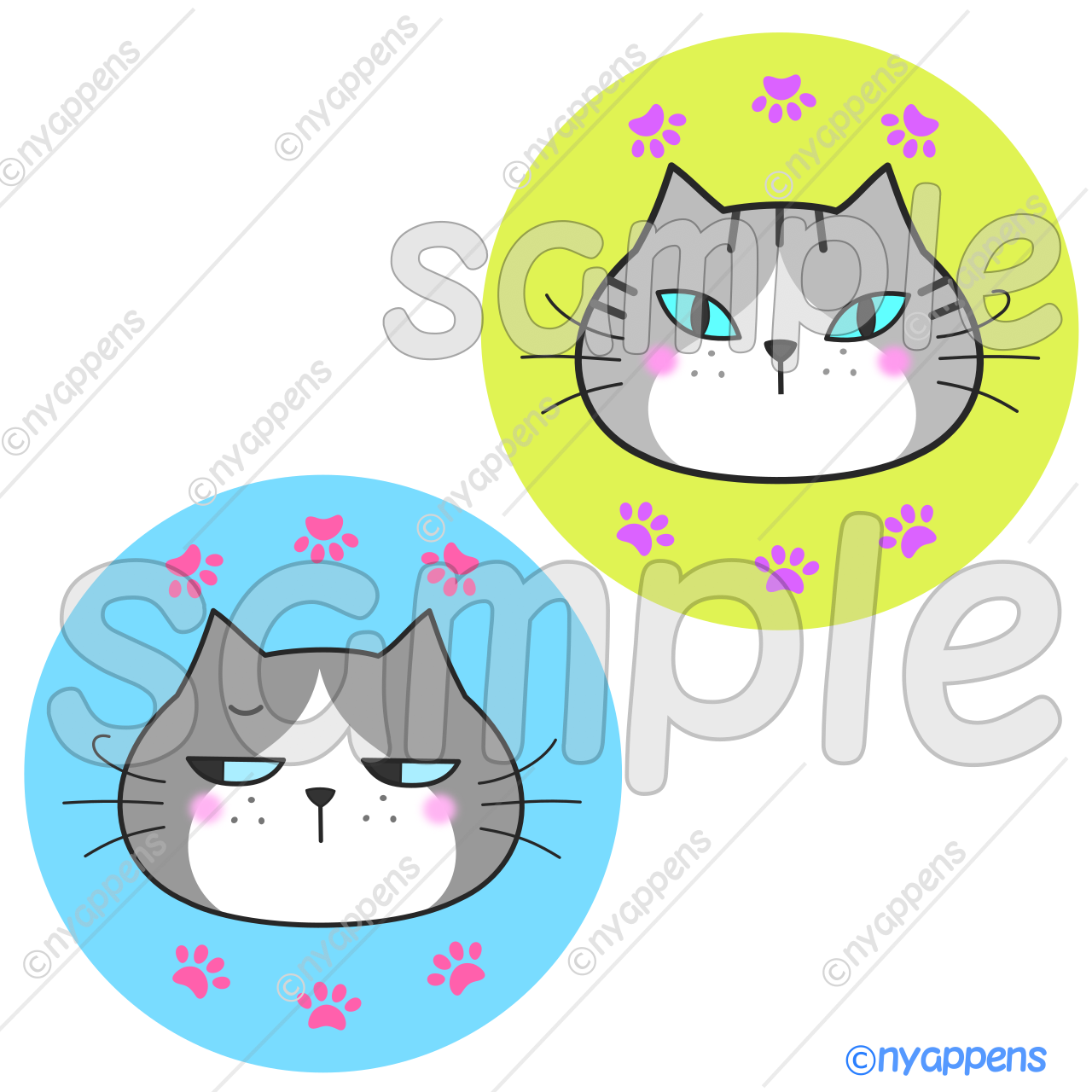 【商用利用OK】猫イラスト(ヒゲまる/全20種類セット)シールやアイコン、素材に!