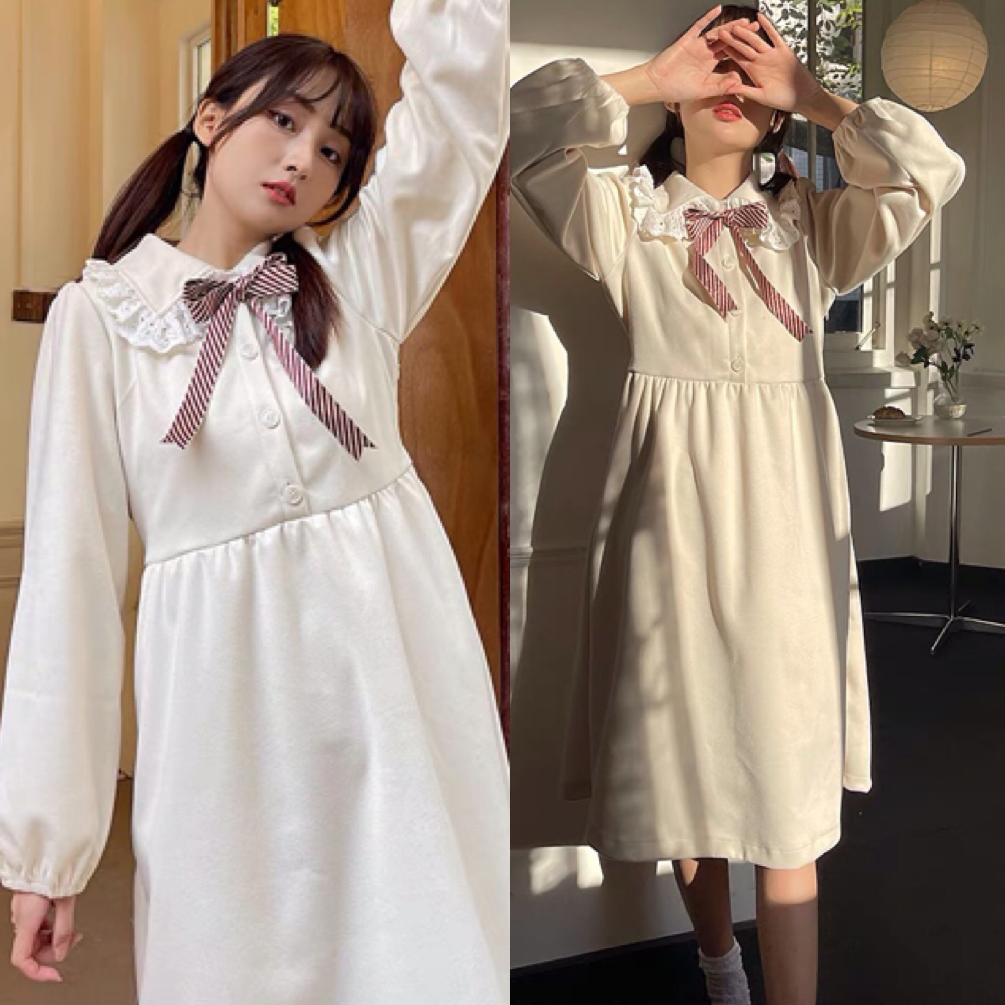 白 ガーリー 制服 スクール ワンピース ガーリー 丸襟 リボン