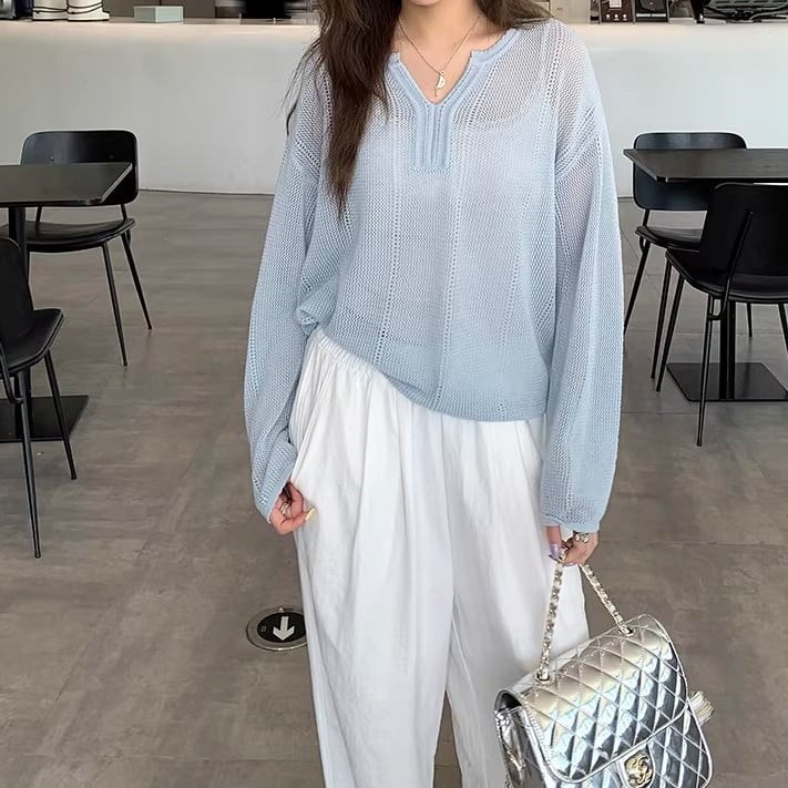 長袖 Vネック ニットポロシャツ