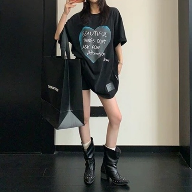 ビッグハートレタープリントルーズラインTシャツ 2col R02445