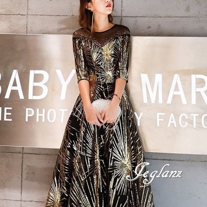 華やか パーティ イブニングドレス シアー スパンコール 光沢感 7分袖(MA984)ζ