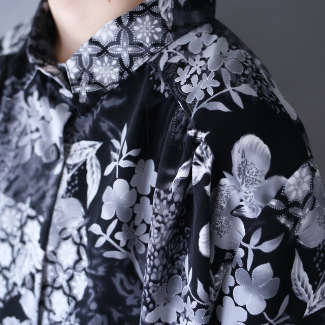 monotone beautiful flower pattern wide over silhouette h/s shirt