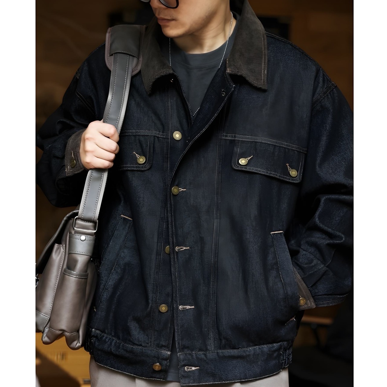 Corduroy Collar Denim Jacket Long Sleeve Work Jacket ◇H0367