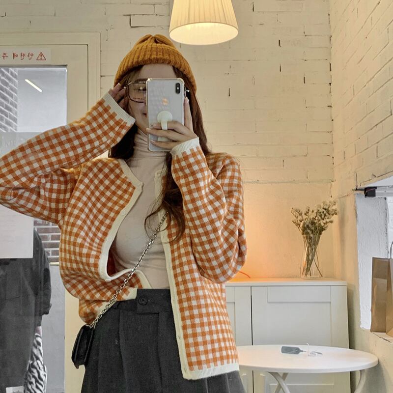 カラー格子柄セーター レディーススプリングルーズカジュアルショートカーディガンジャケット 春物 スーパーモール37382814188