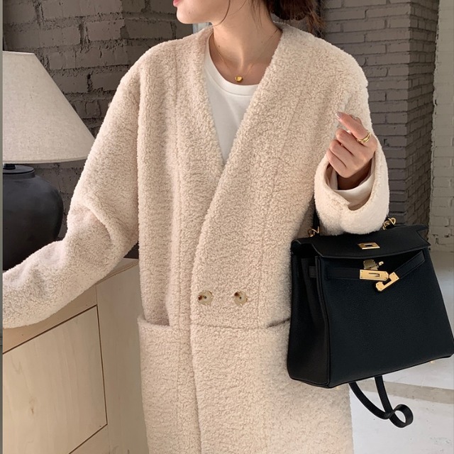 ノーカラー ボア ロングコート 3412882