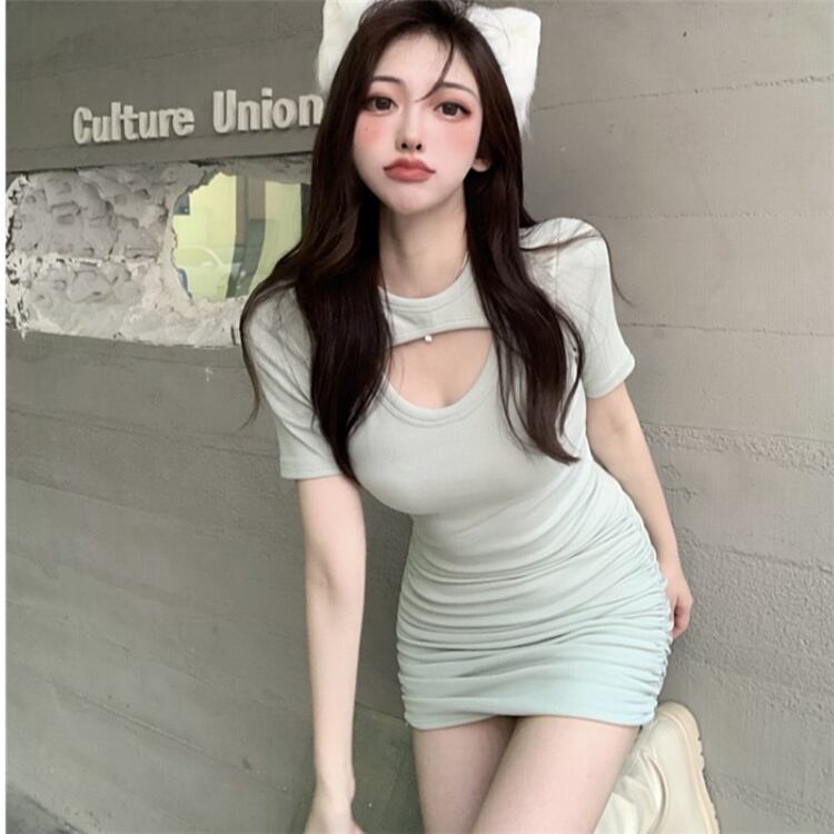 【韓国ブランド】セクシー半袖ミディワンピースN199 店長推薦 韓国ファッションセクシー 気質 透かし彫り 半袖
