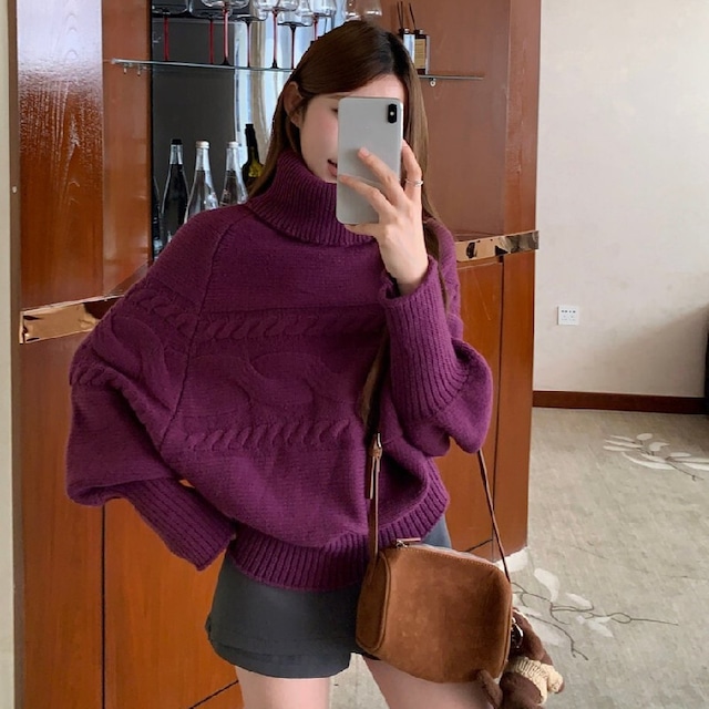 トップス ニットセーター ドルマンスリーブ ゆったり 長袖 パープル