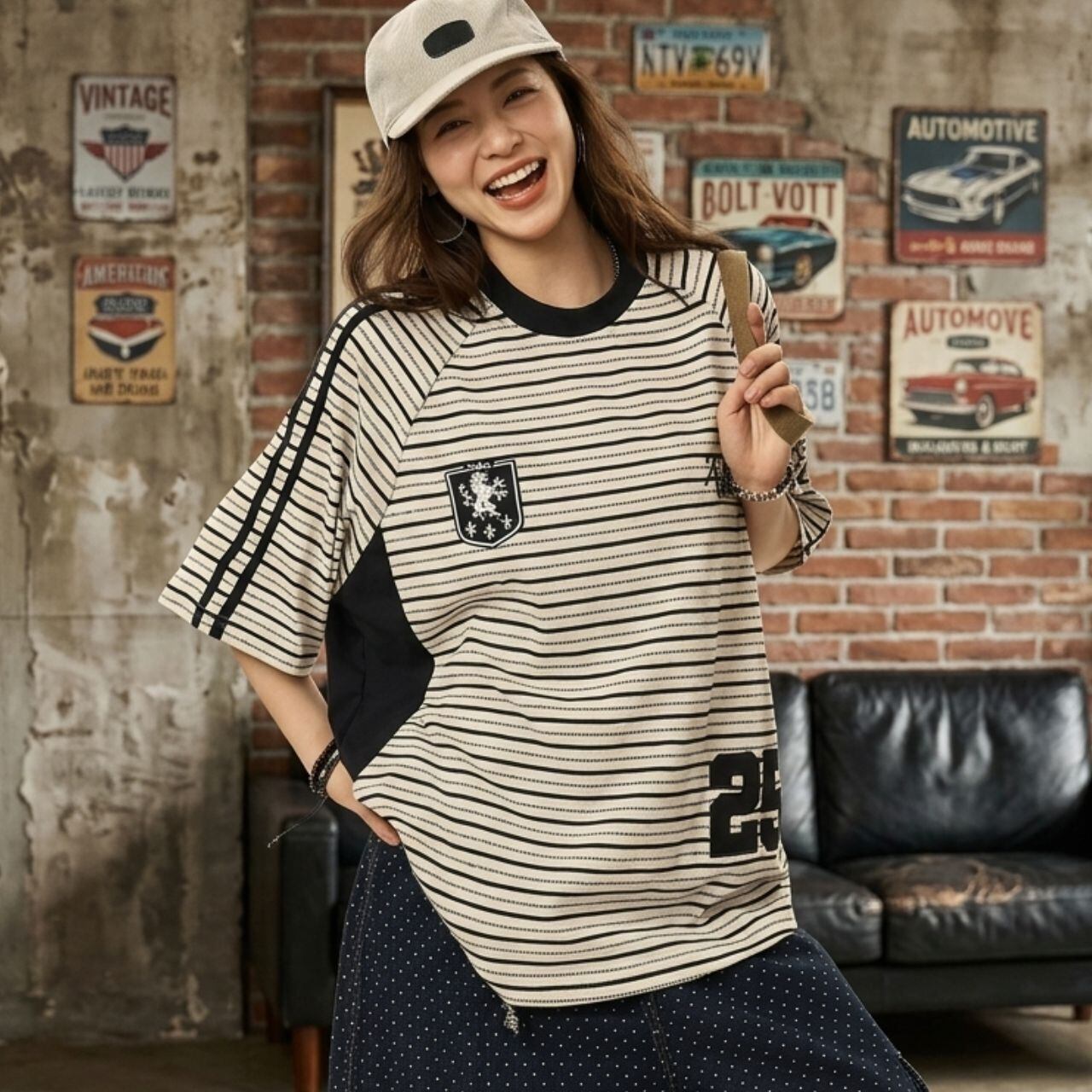 エンブレムモチーフボーダーラグランTシャツ 1col R02077