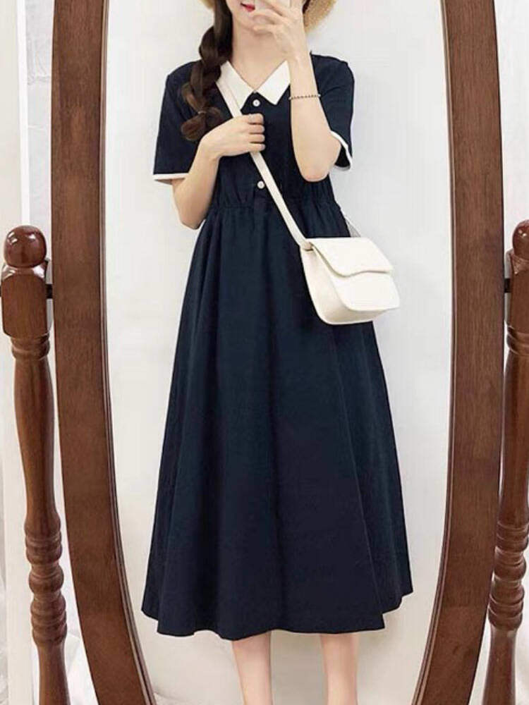 6 23販売 バイカラーレトロロングワンピース お出かけコーデ かわいい フェミニン 襟付き Aライン 人気 大きいサイズ 韓国 Ch4562 可愛い大きいサイズ韓国レディースファッション通販 Chulachula チュラチュラ