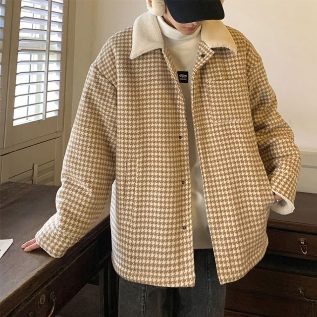 【予約販売】ボアブルゾン アウター 千鳥格子柄 もこもこ ブラック イエロー ブルー 冬 ジャケット ショート丈 メンズ カジュアル 男前 こなれ感 お洒落 韓国 トレンド 秋 冬 M/L/XL