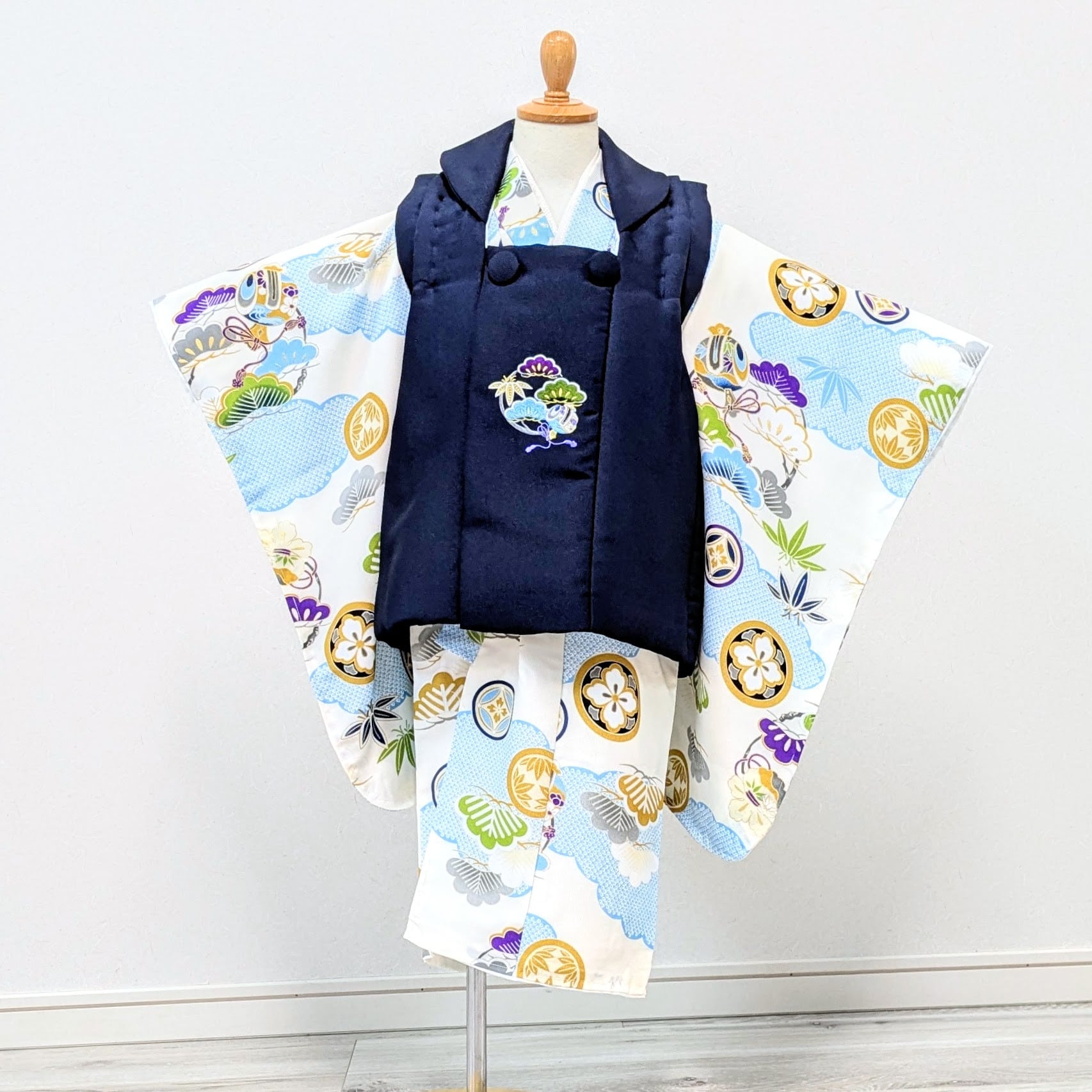 七五三 3歳 男児 ブランド 着物 被布コート セット 水色 紺 古典 KM2