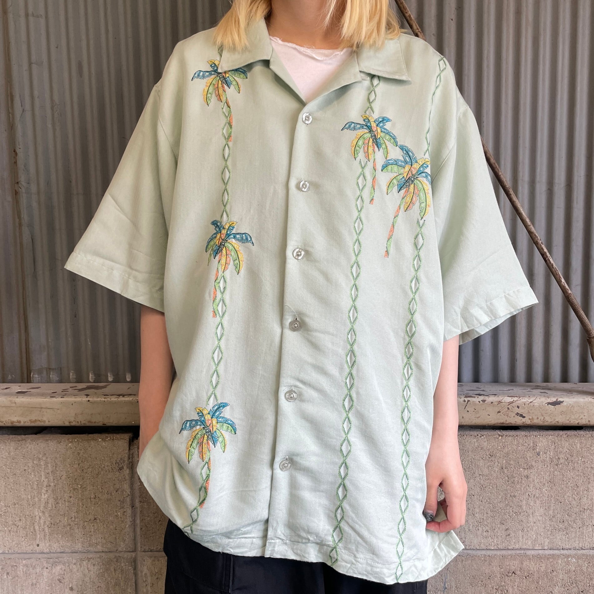 Weekender ヤシの木 刺繍 開襟 オープンカラー 半袖 レーヨンシャツ 