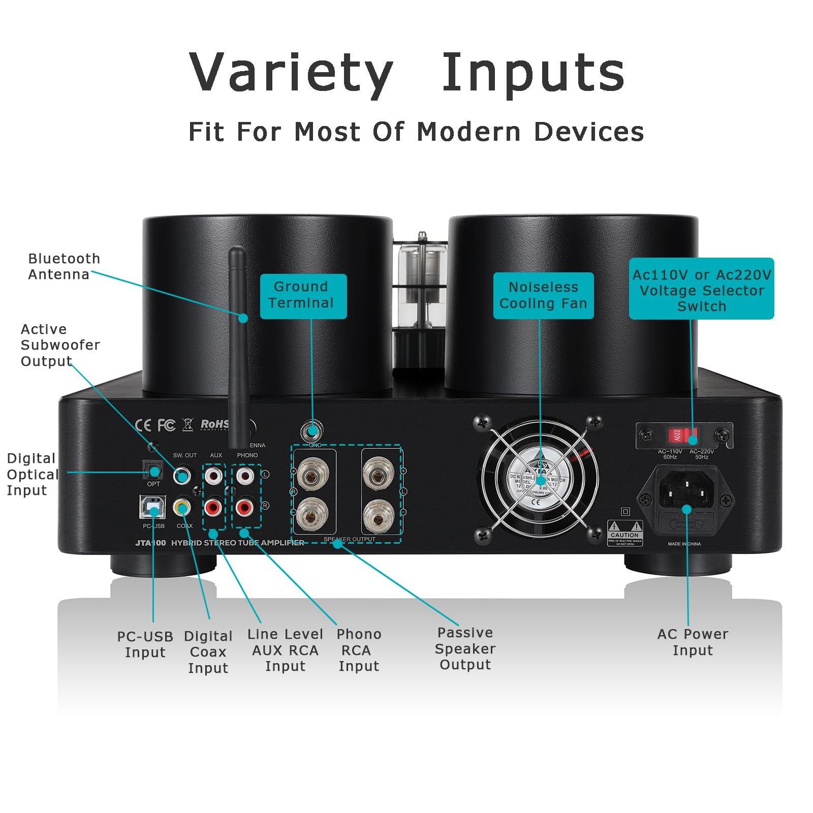 Juson Audio JTA100 200W真空管増幅器集積BT 5.0 AUX RCA PHONO入力と