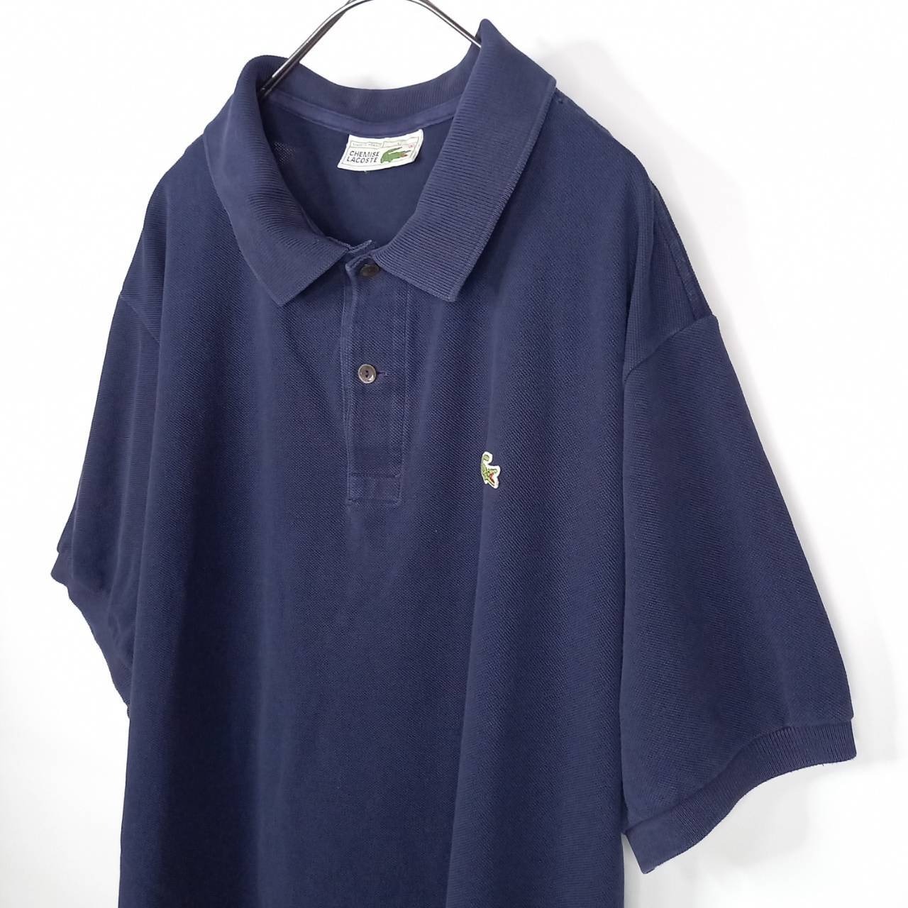 フレンチ　ラコステ　ポロシャツ　半袖　L1212　刺繍ロゴ　シェルボタン　ユーロ古着　ネイビー　2XL